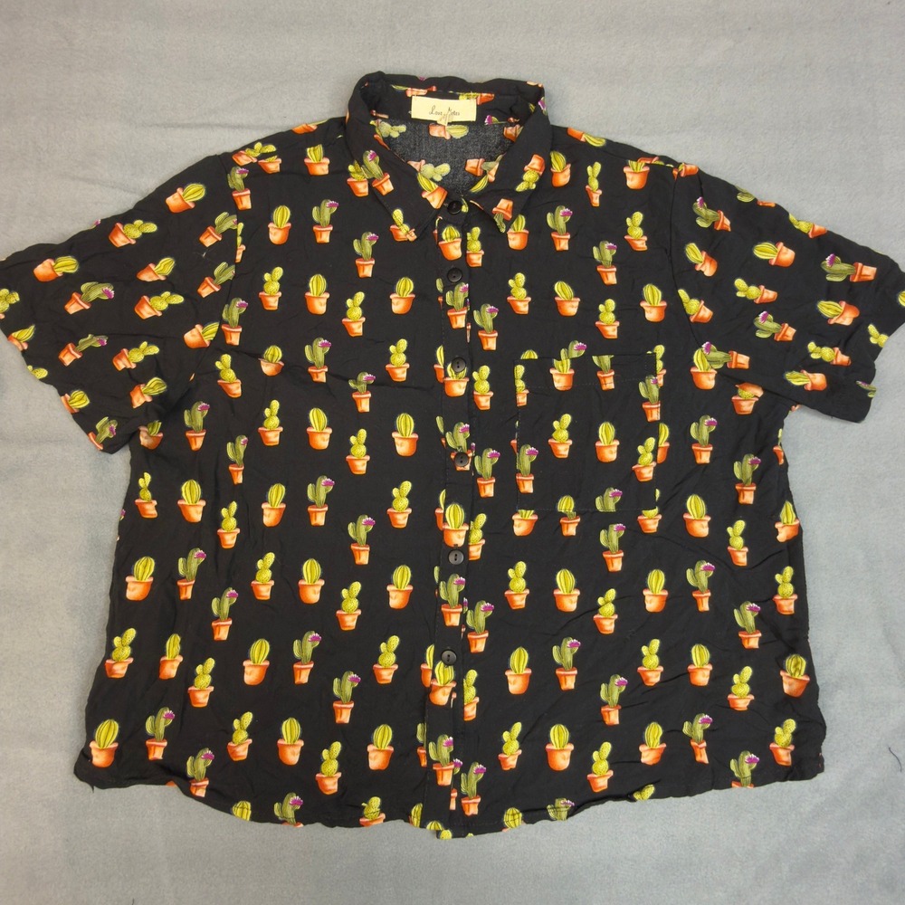Love Notes Womens Large Black Cactus Print Short Sleeve‎ Rayon Button Down Shirt